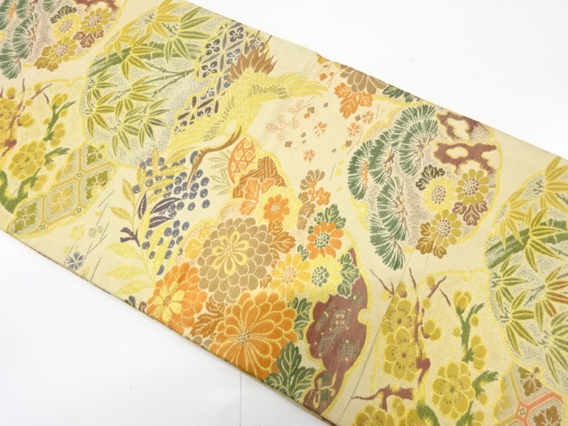 アンティーク　雪輪に松竹梅・鶴模様織り出し丸帯（材料）